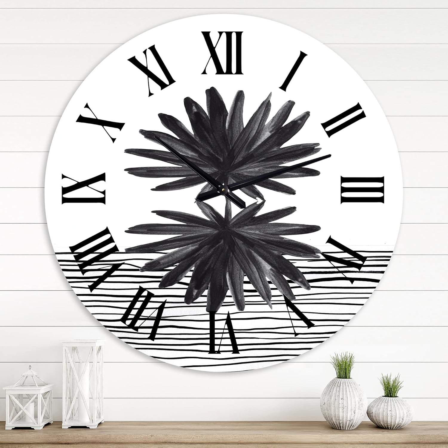 DesignQ Modern Wall Clock 'Black and White Tropical Leaf On Striped II' Geometric Large Wall Clock for Living Room Decor