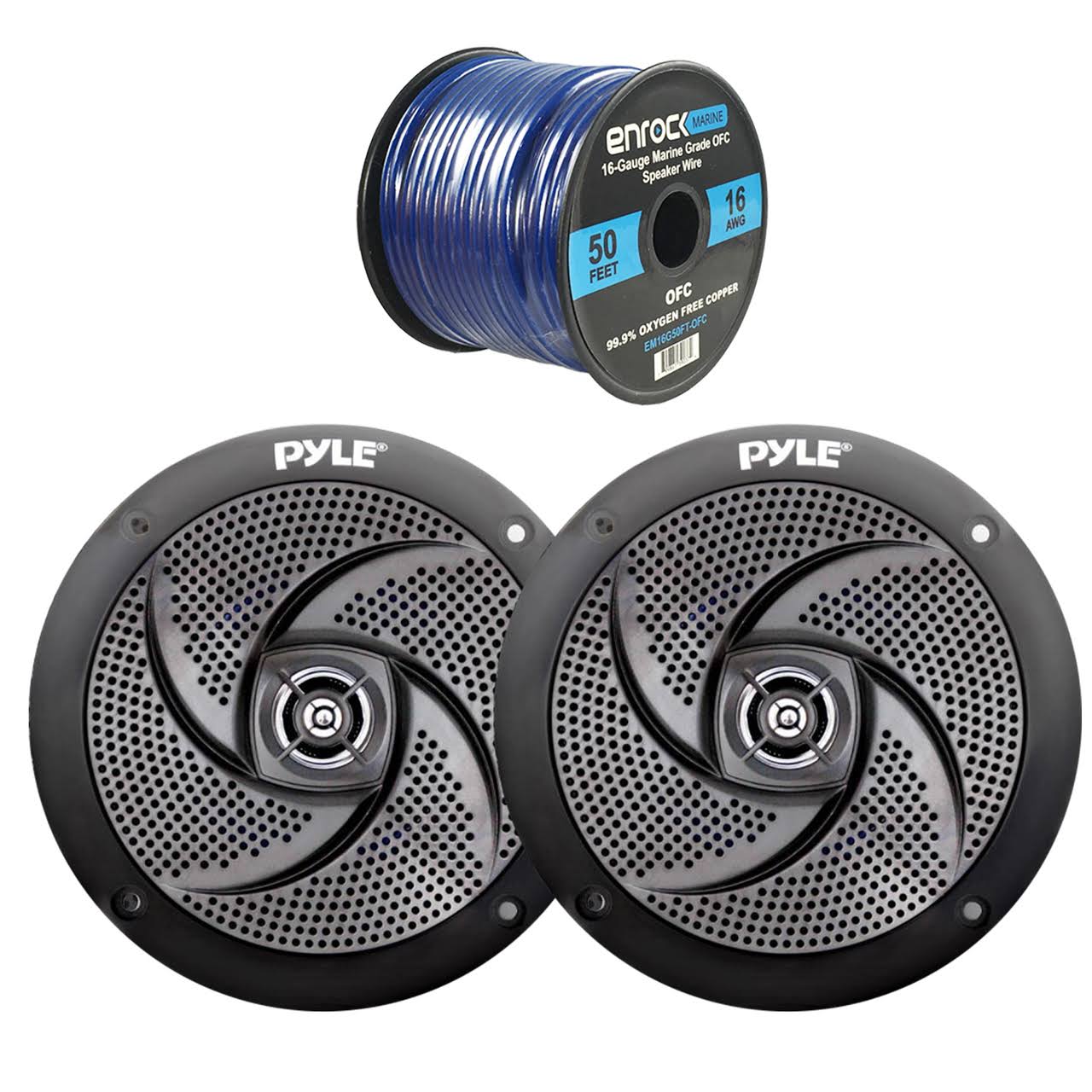 4X Pyle Marine 5.25x22 2-Way Low Profile Slim Style Waterproof Black Speakers 16-Gauge 50 Foot Tinned Speaker Wire