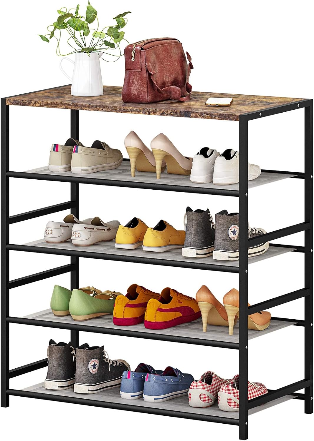 SUOERNUO Shoe Rack 5 Tier Shoe Storage Organizer Metal Shelves with MDF Top Board for Entryway Hallway Closet Bedroom Living Room (5-Tier Black）
