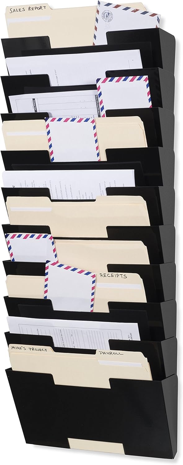 Wallniture Lisbon 10-Tier Wall Mounted File Holder and Desk Organizer, Metal Black Office Organization and Storage Rack