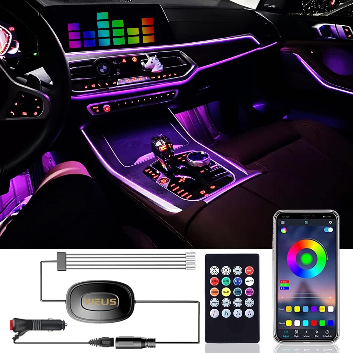 YIEUS Interior Car Lights,16 Million Colors Smart App Control and Remote Control,5 in 1 Car LED Lights with 236.22 inches Fiber Optic,RGB Ambient Lighting Kits,Music Sync Mode, DIY Mode Pack of 2