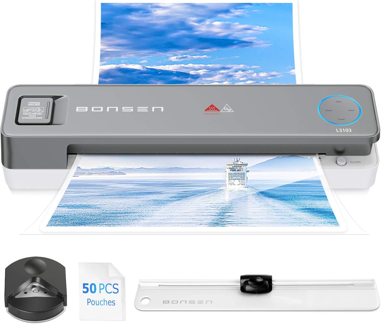 Laminator Machine with Laminating Sheets 50 Pouches, BONSEN 13 Inch Laminator, 4-in-1 Thermal Laminator with Paper Trimmer and Corner Rounder, A3 Hot Cold Laminating Machine for Home School Office Use