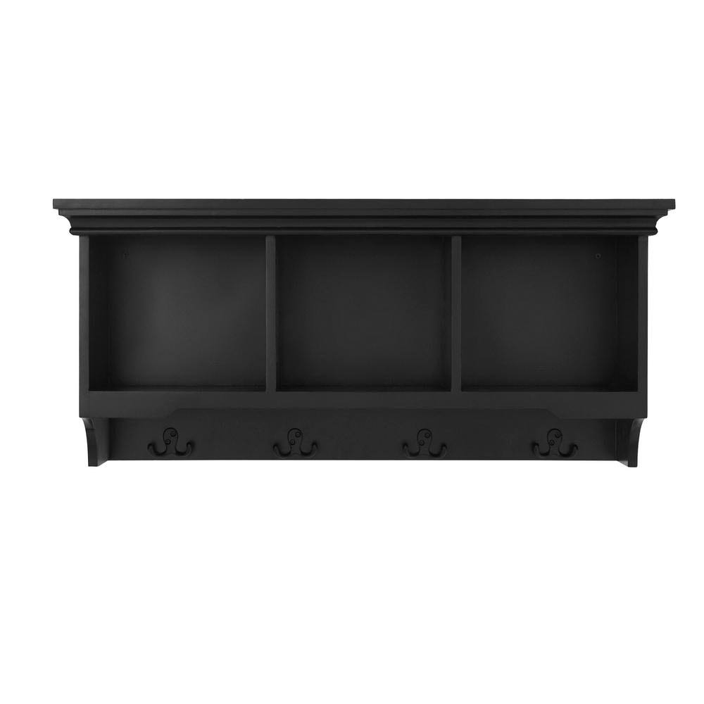 StyleWell 16.14 in. H x 36 in. W x 11 in. D Black Wood Floating Decorative Cubby Wall Shelf with 4 Hooks