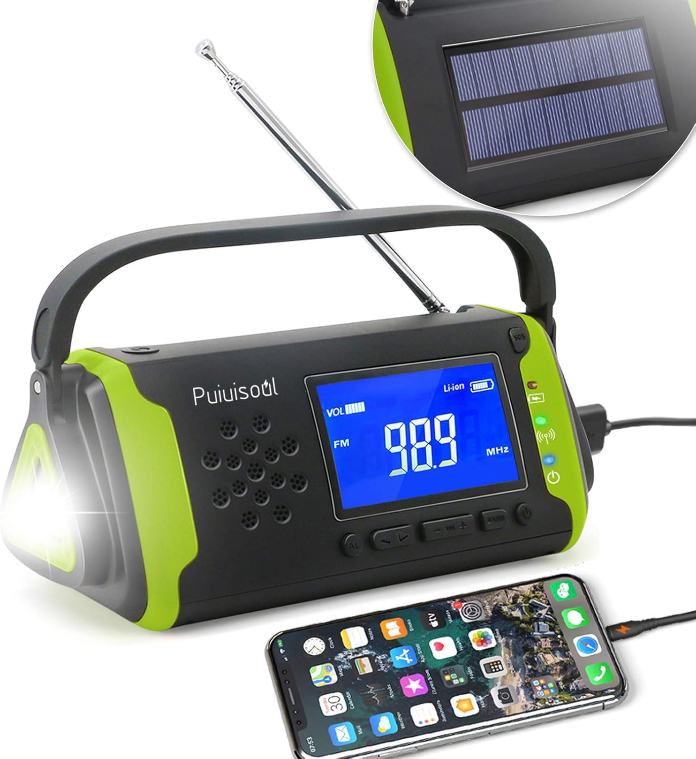 Emergency-Radio with NOAA Weather Alert, Puiuisoul 4000mah Hand Crank Portable Solar Survival Radios with Aux,Electronic Display,AM/FM,SOS Alarm,Led Flashlight,Phone Charging (Green, 097-4000 mAh) Pack of 2