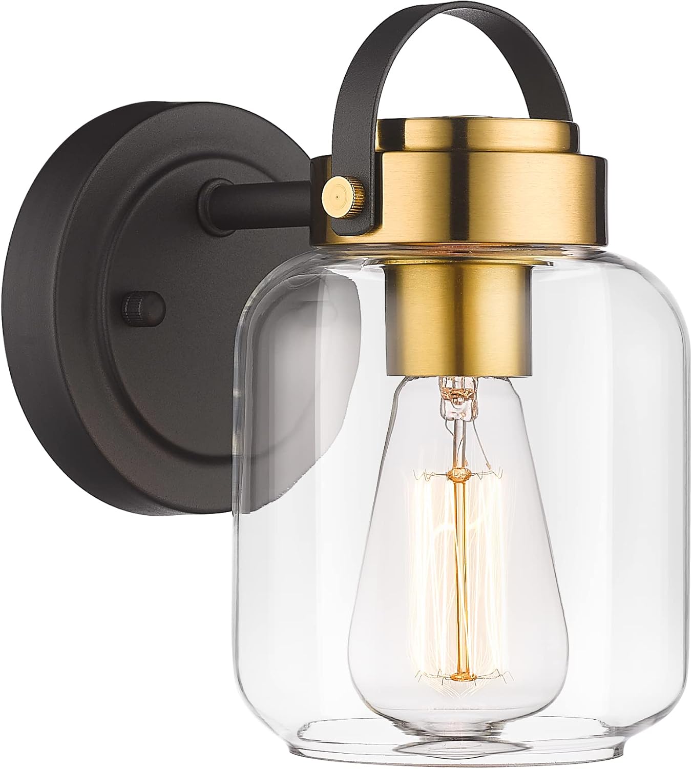 Farmhouse Wall Light, HWH 1-Light Wall Sconce Vanity Light with Clear Glass Shade, Bathroom Vanity Wall Lamp for for Bedroom, Beside, Kitchen, Black and Brushed Gold Finish, 5HZG61B BK+BG