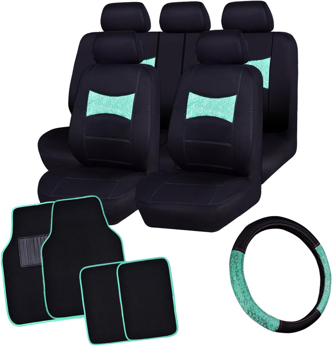 CAR PASS DELAY LACE with 3D Air Mesh Universal Car Seat Covers with lace Steering Wheel Cover and Universal fit car Floor mats, fit for Most of Cars,Trucks,SUV,Vans, 16PCS Included (Mint Blue)