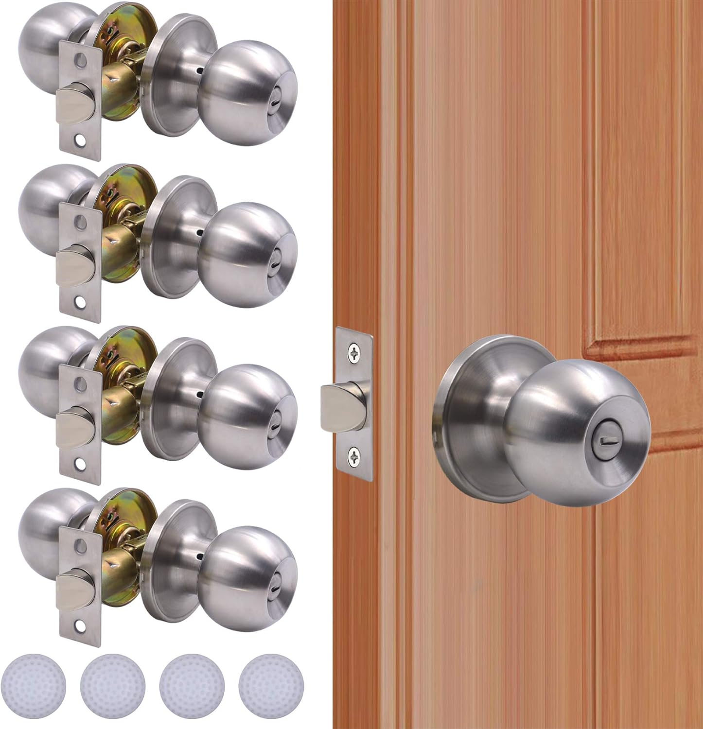 KONIGEEHRE 4 Pack Privacy Door Knobs Stain Nickel Interior Passage Door Lock Keyless Round Dummy Lockset for Bedroom Bathroom, Hardwares & Instruction Included (4, Satin Nickel) Pack of 2