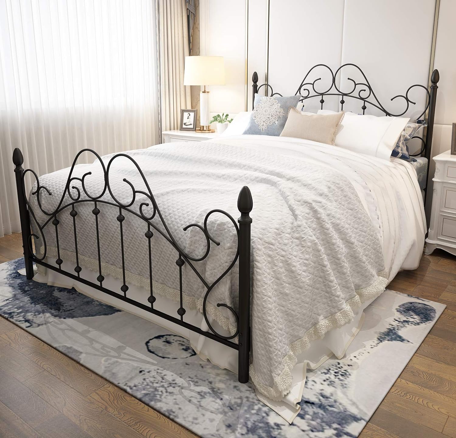 Black Queen Platform Metal Bed Frame with Headboard and Footboard,Vintage Victorian Style Mattress Foundation, No Box Spring Required, Black,Queen.