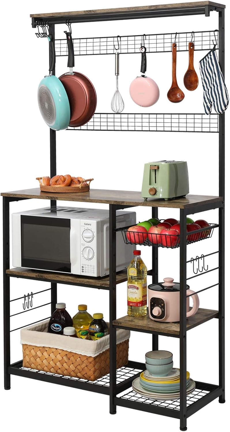 X-cosrack Kitchen Baker's Rack, 68inch Microwave Oven Stand with Pull-Out Wire Basket, 8 Hooks + 15 S Hooks,3 Tier + 4 Tier Utility Storage Shelf with Mesh Panels for Utensils, Pots, Pans, Spices