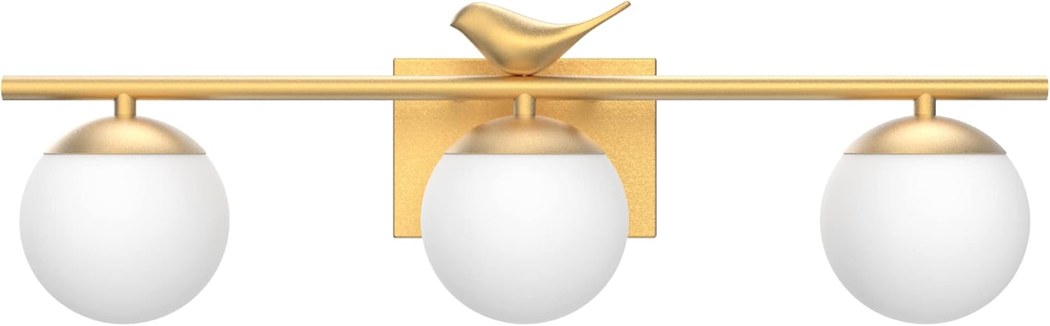 Aipsun Mid Century Modern Bathroom Vanity Light 3 Lights Milky White Glass Shades Black/Golden Bathroom Light Fixture(Exclude Bulb)