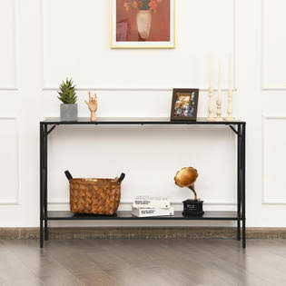Costway 2 Tier Console Table Narrow Accent Side Entryway Table Metal Frame Brown