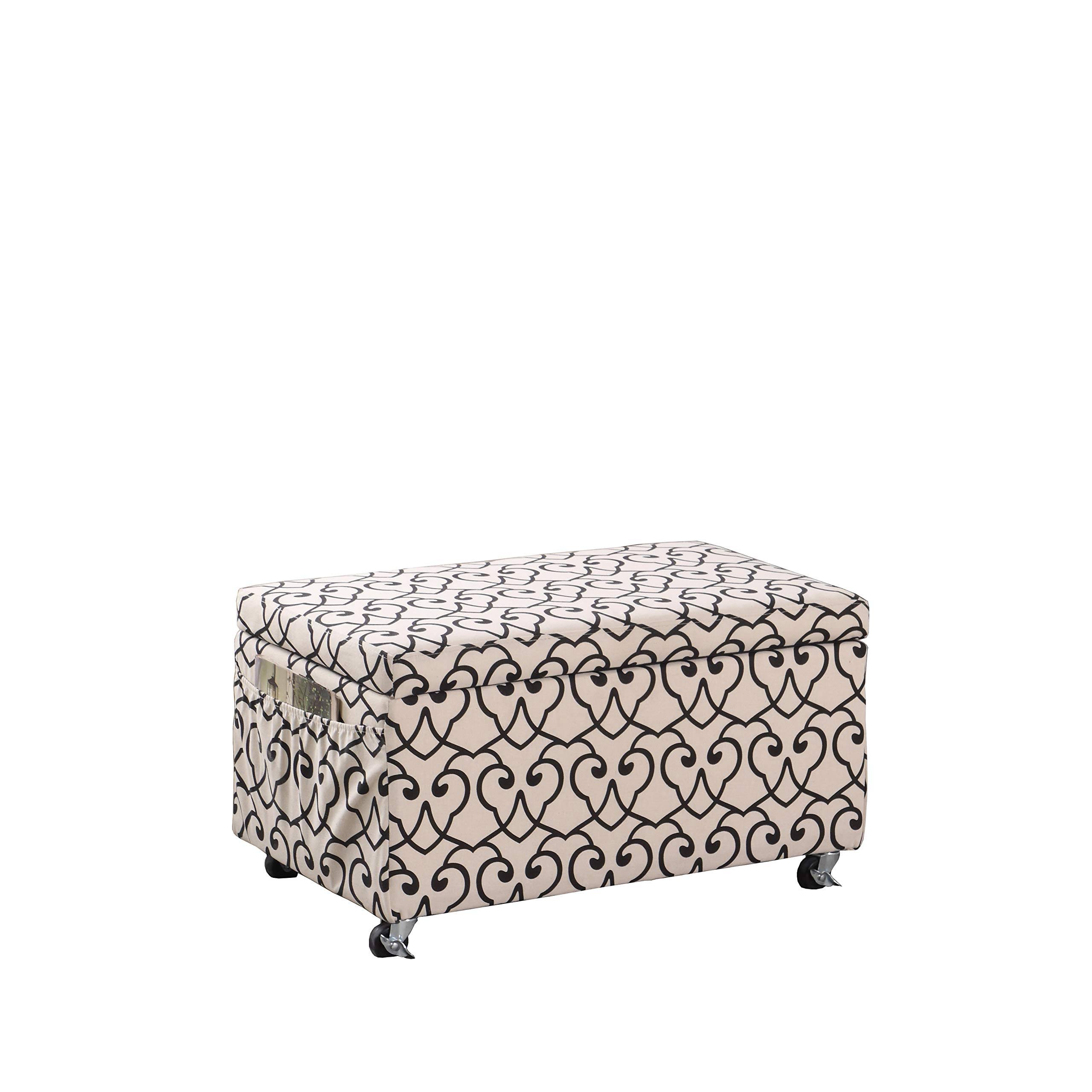17 inch in Beige Moroccan Heart Black Stencil Storage Bench Seat with Side Pockets and Industrial Caster Wheels