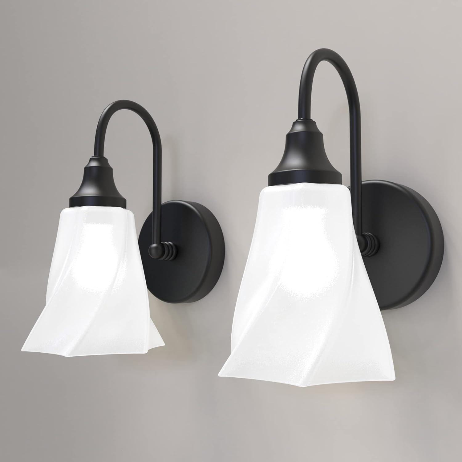 UL-Listed Wall Light Fixtures Set of Two, JACKYLED Matte Black Wall Sconces with Skirt Glass Shade, Modern Bathroom Light Fixtures for Living Room Mirror Bedroom Kitchen Hallway