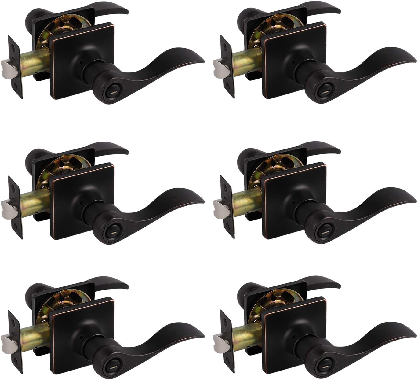 Gobrico Interior Door Levers in Oil Rubbed Bronze Drop/Wave Bedroom Bathroom Handles with Square Plate (Reversible Handles for Right/Left Handling),Keyless Privacy Door Locksets,Contractor Pack of 6