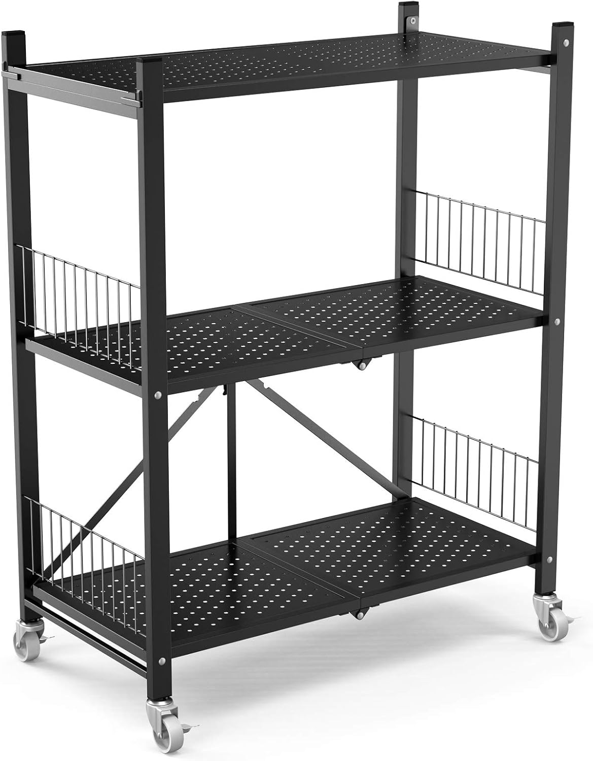 GLANDU 3-Shelf Collapsible/Foldable Heavy Duty Shelving Unit, Steel Organizer Wire Rack with Wheels, Rolling Cart, Home Kitchen Laundry Closet Storage(3-Tier)