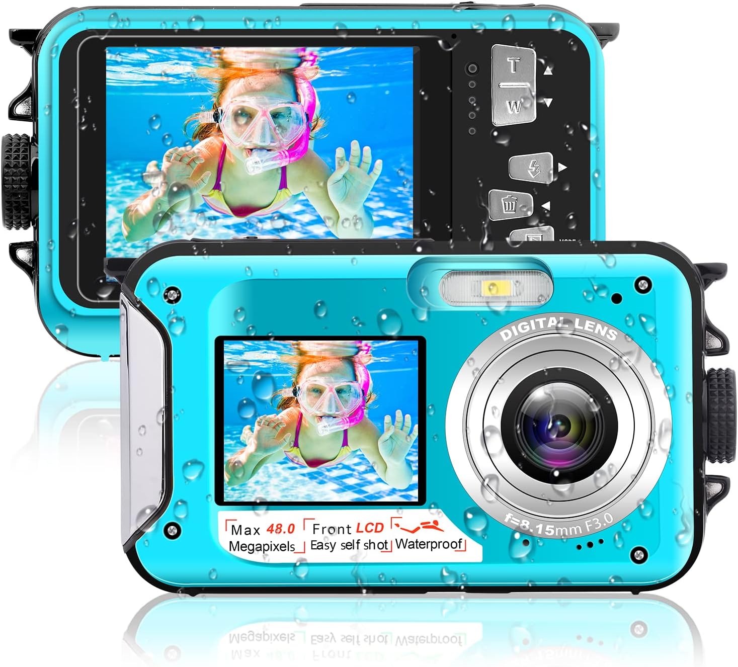 Waterproof Camera 48MP Image 10FT Underwater Camera 2.7K Video Waterproof Digital Camera Underwater Video Camera for Snorkeling,Vacation（Blue） Pack of 2