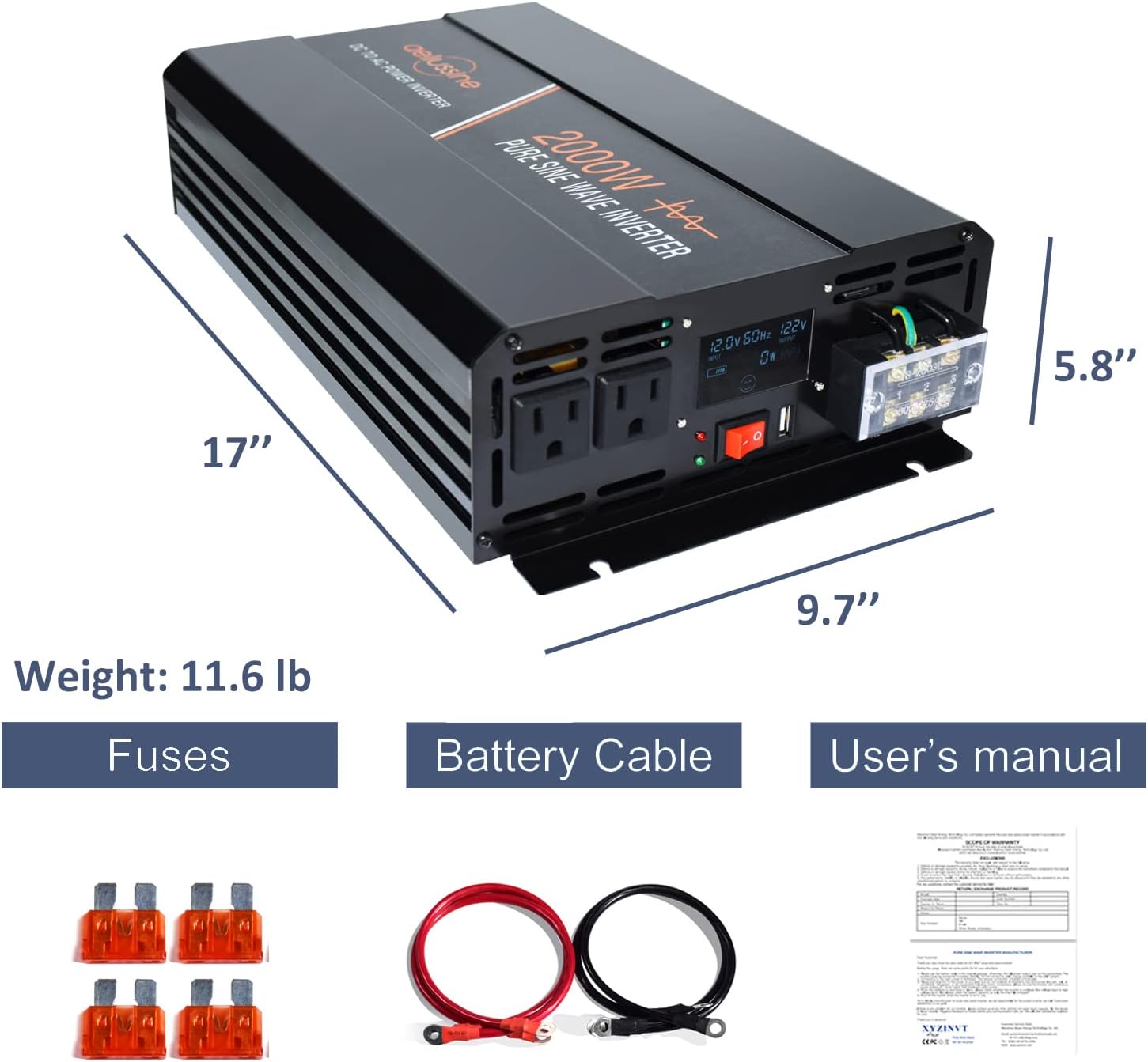 aeliussine Power Inverter 2000W Pure Sine Wave Inverter 12v DC to AC 120v Peak 4000 Watt Converter with LCD Display USB Charge Port for Car RV Boat Solar Power System.