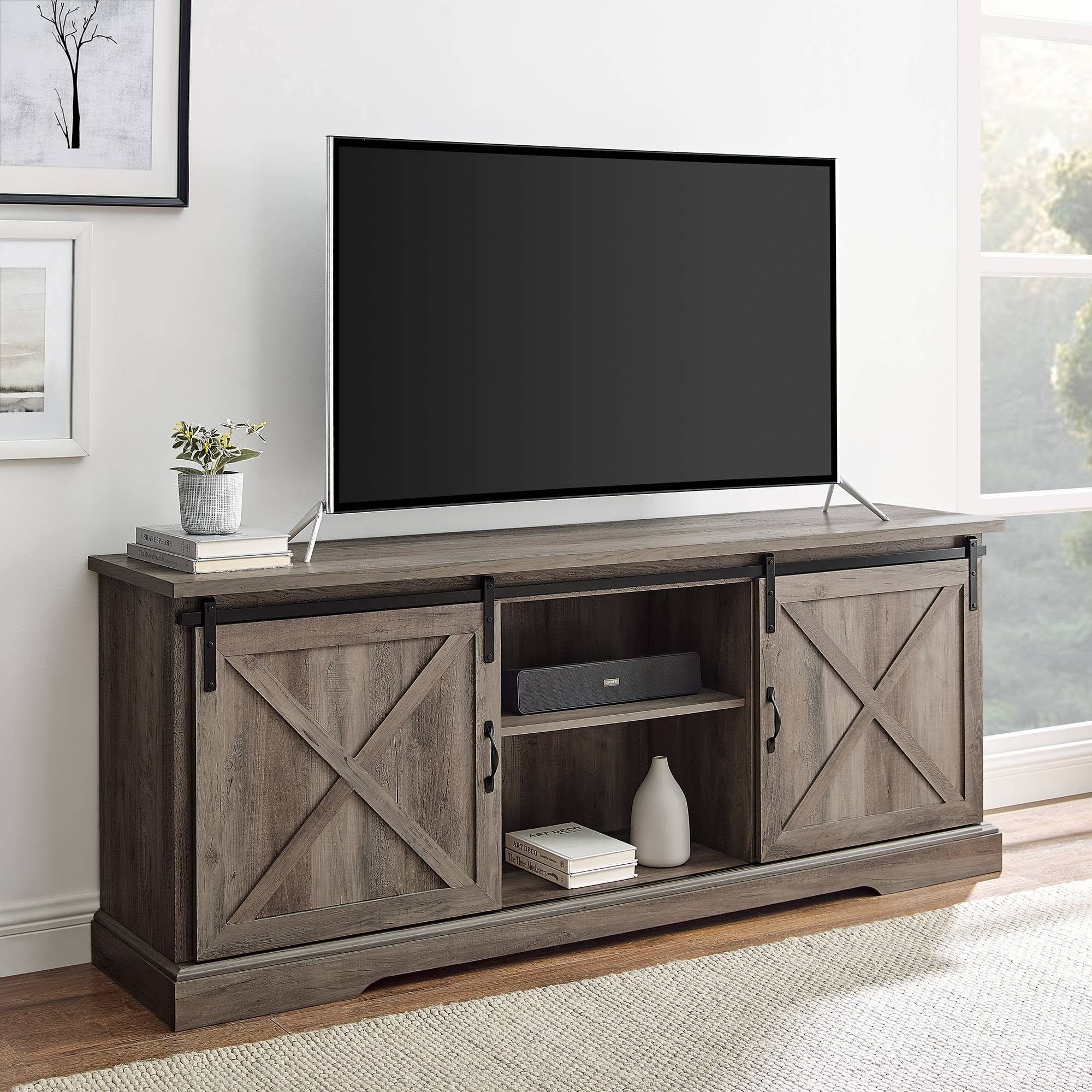 Clarabelle Double Sliding x Barn Door TV Stand for TVs Up to 80x22Gray Wash - Saracina Home