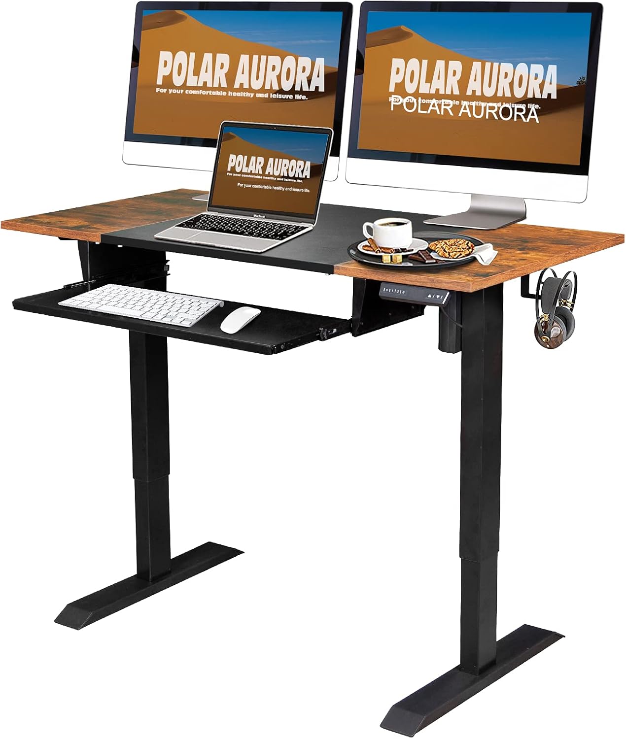 48 x 24 Inches Electric Height Adjustable Standing Desk Sit Stand Computer Desk Workstation w/Drawer & Hook for Home Office, Splice Board Black Frame/Rustic Brown Top