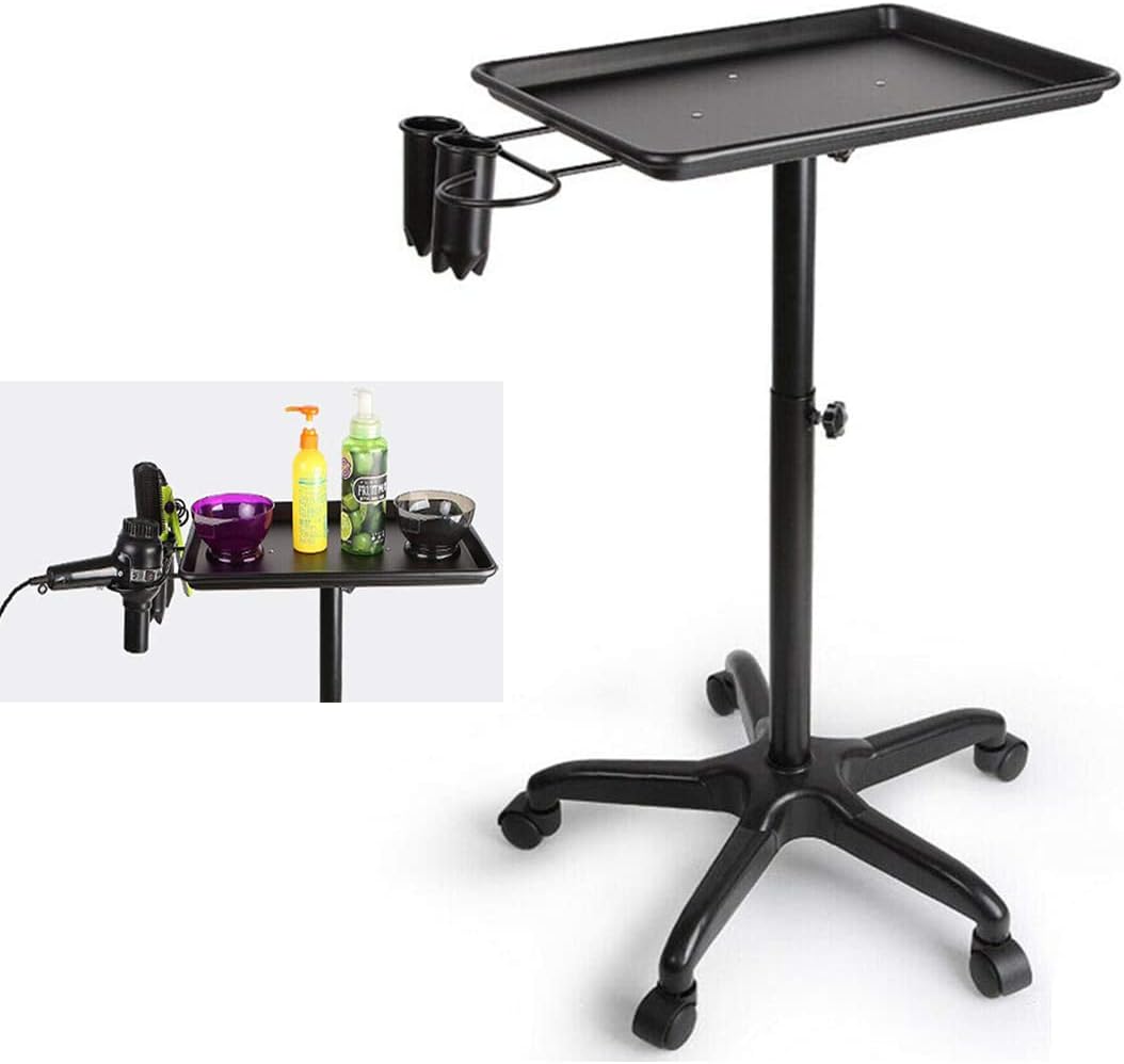 Salon Tray Cart with Metal Feet, Aluminum Salon Tray Removable, Height Adjustable Tray for Salon&Spa Use Tattoo Rolling Cart, Black