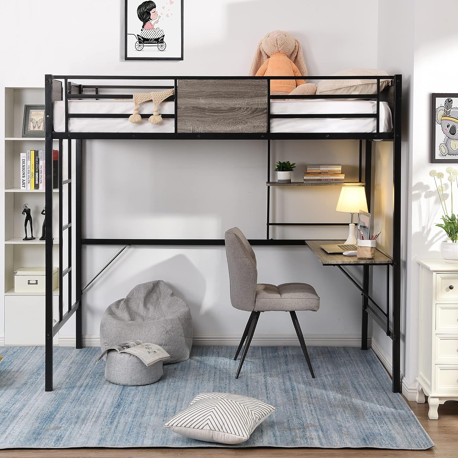 STARTOGOO Metal & Wood Loft Bed with Desk and Shelves, Twin Loftbed Frame w/ Full Length Guardraill and Built-in Ladder for Kids Teens (Twin, Black