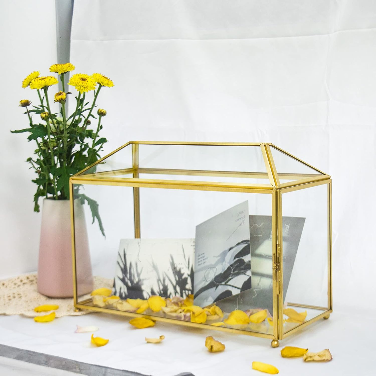 Gold Wedding Glass Card Box – Large Wedding Card Holder Gold Handmade Brass Vintage Rectangle Shape with Lid (Vintage Gold with Lock) Pack of 2