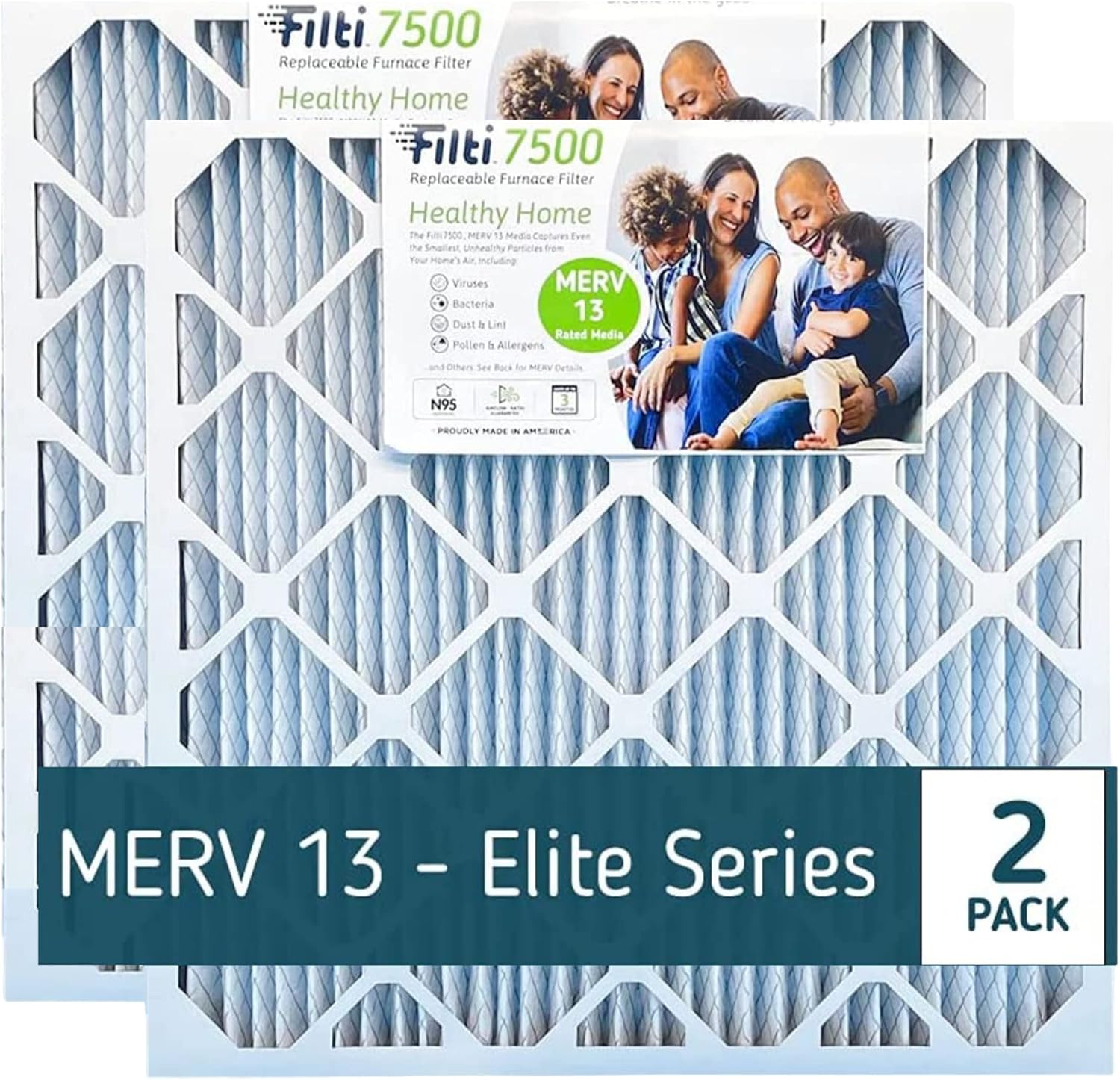 FILTI 7500 Air Filter 20x25x5 MERV 13 | Pleated Home Air Filter w/ Nanofiber Technology | HVAC AC Furnace Filter MADE IN USA, 2 Pack