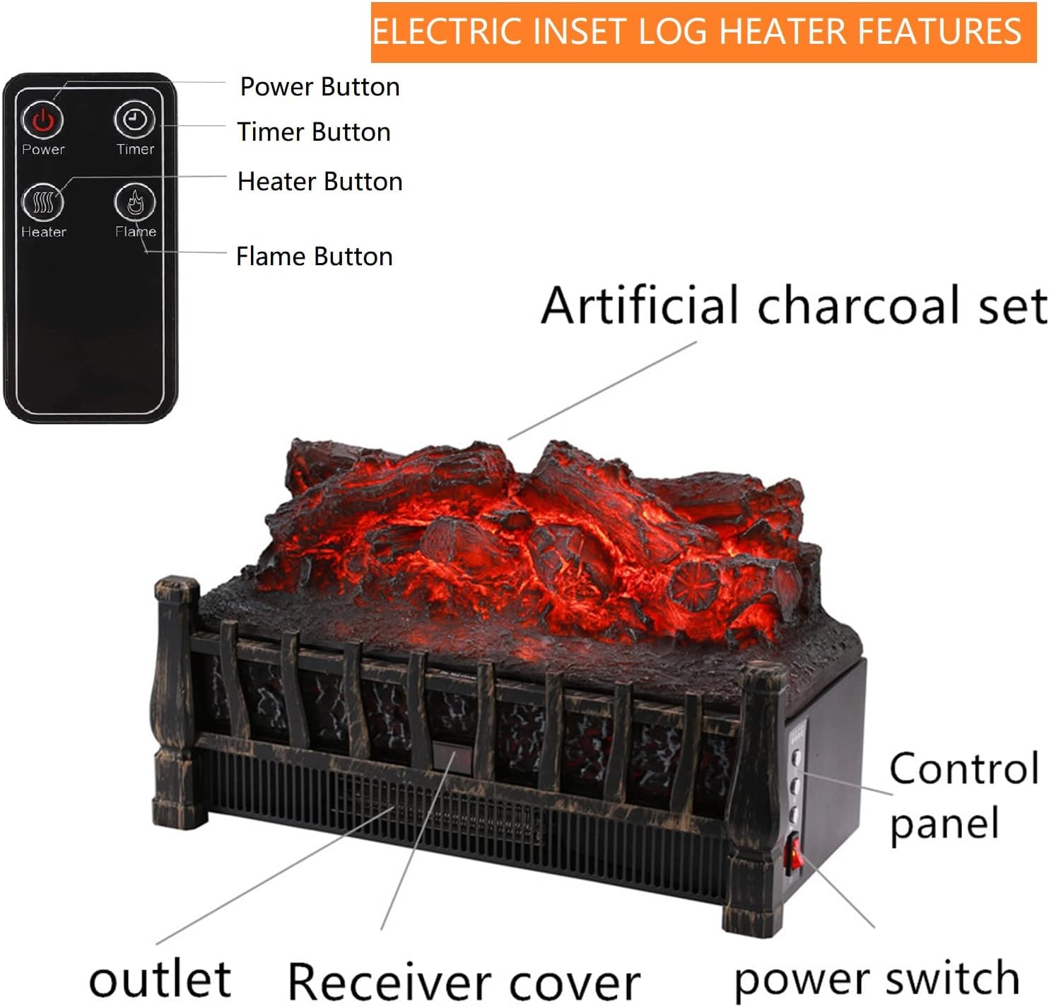 DOIT Electric Fireplace, Electric Fireplace Logs with Realistic Ember Bed and Remote Controller, 1500W Indoor Wall Heater for Bedroom and Living Room