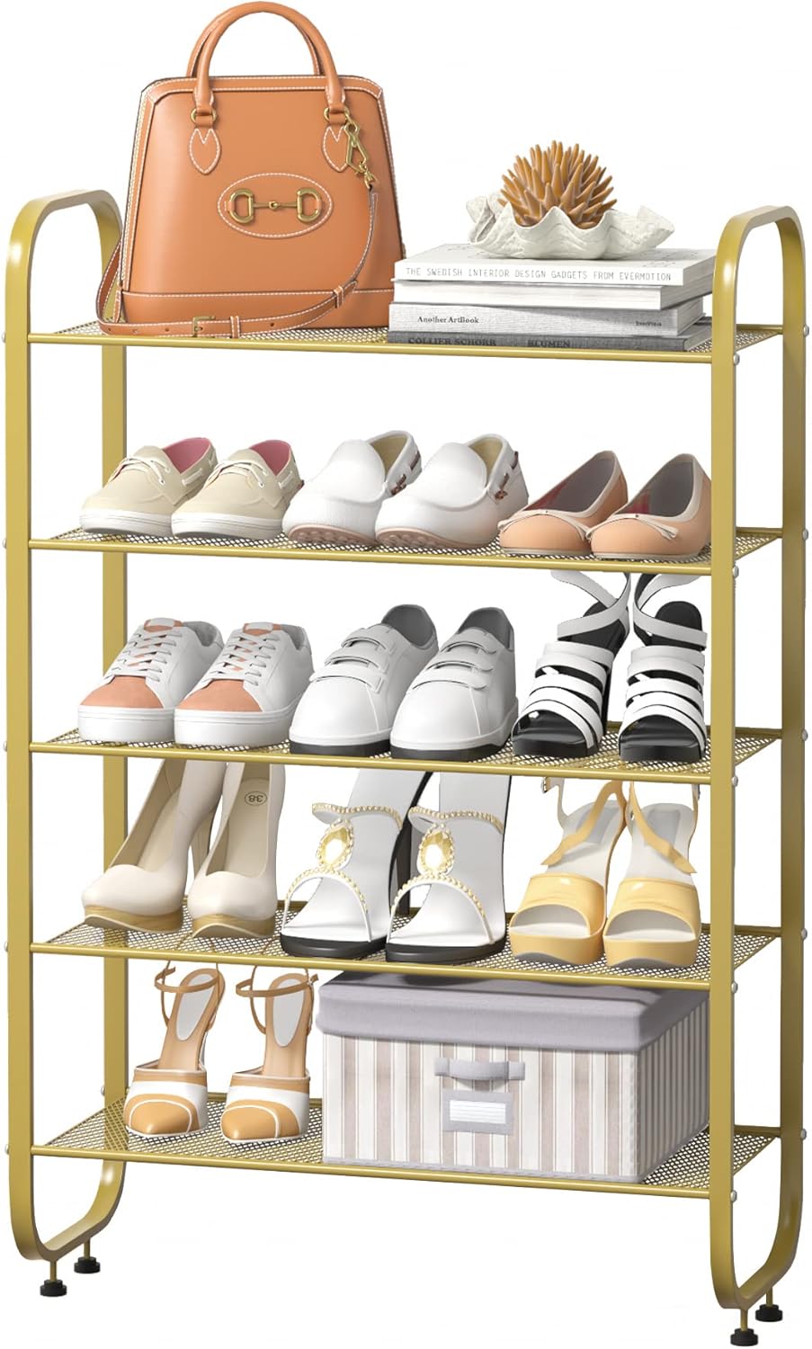 UDEAR 5-Tier Shoe Rack,Metal Mesh Light Luxury Style Shoes Storage Organizer Shelf,Room,Entrance,Bathroom,Kitchen,Clothing Store,Gold