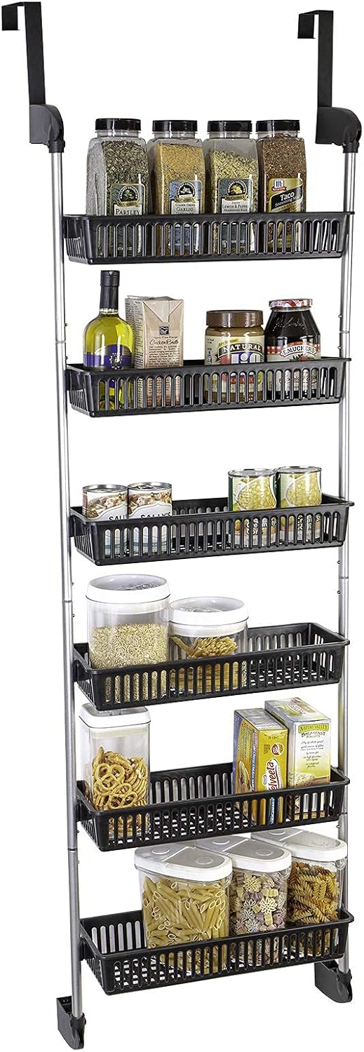 Smart Design 6-Tier Over The Door Pantry Organizer with 6 Full Baskets - Adjustable Steel and Resin with Stabilizing Brackets to Eliminate Sway - Wall Mountable Kitchen Spice Rack - Black