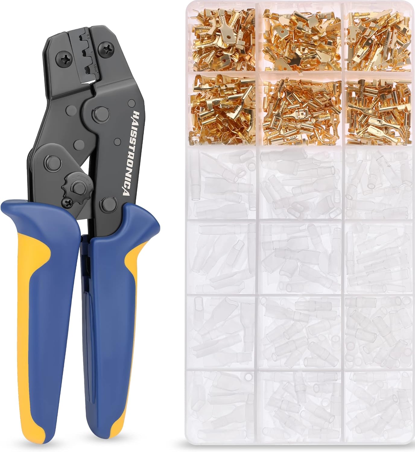 haisstronica Crimping Tool Set AWG 22-16 With 600PCS Female Male Spade Connectors and Insulated Sleeves Pack of 2