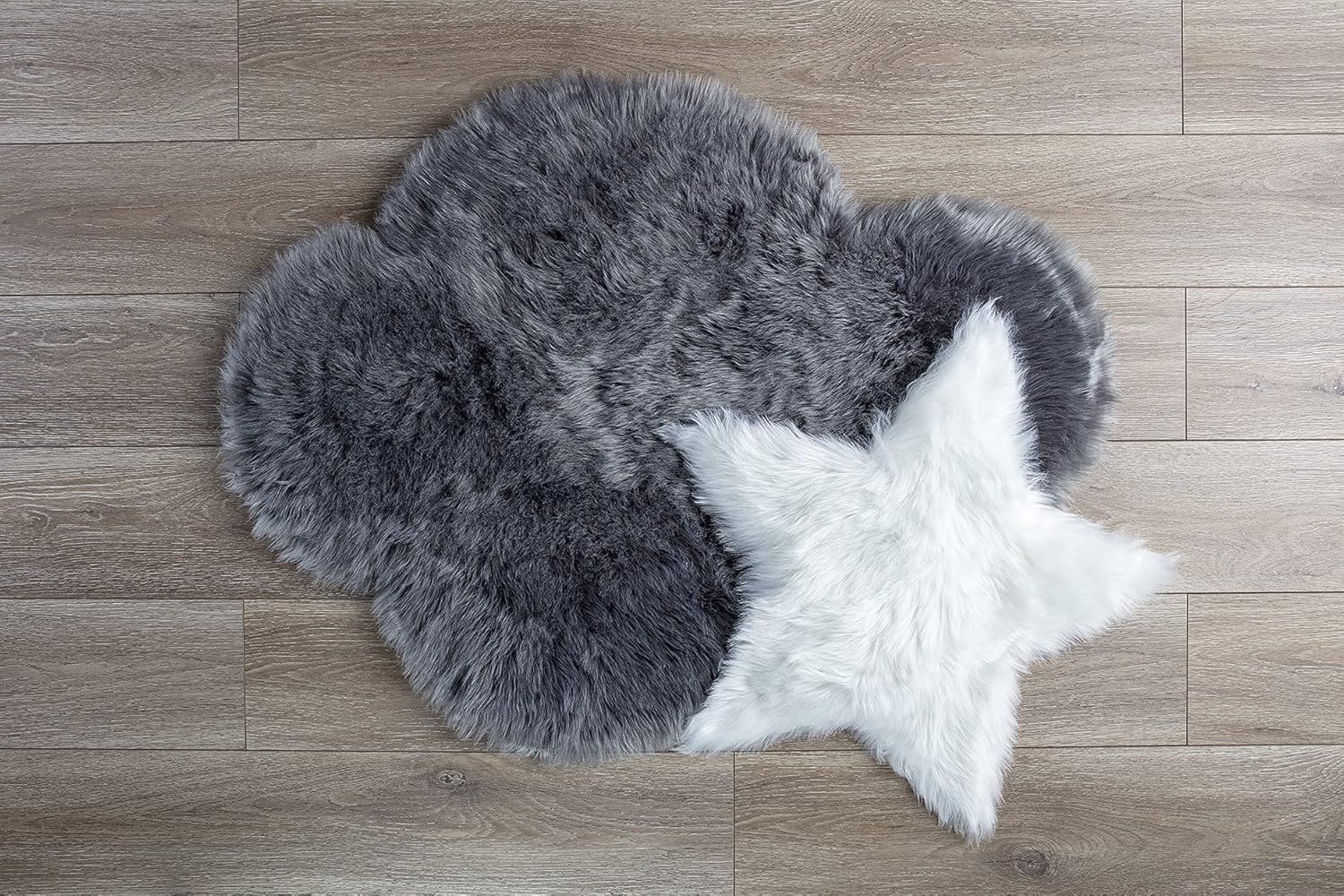Set of Machine Washable Soft Faux Fur Area Rugs Cloud + Small Star (White+Grey)