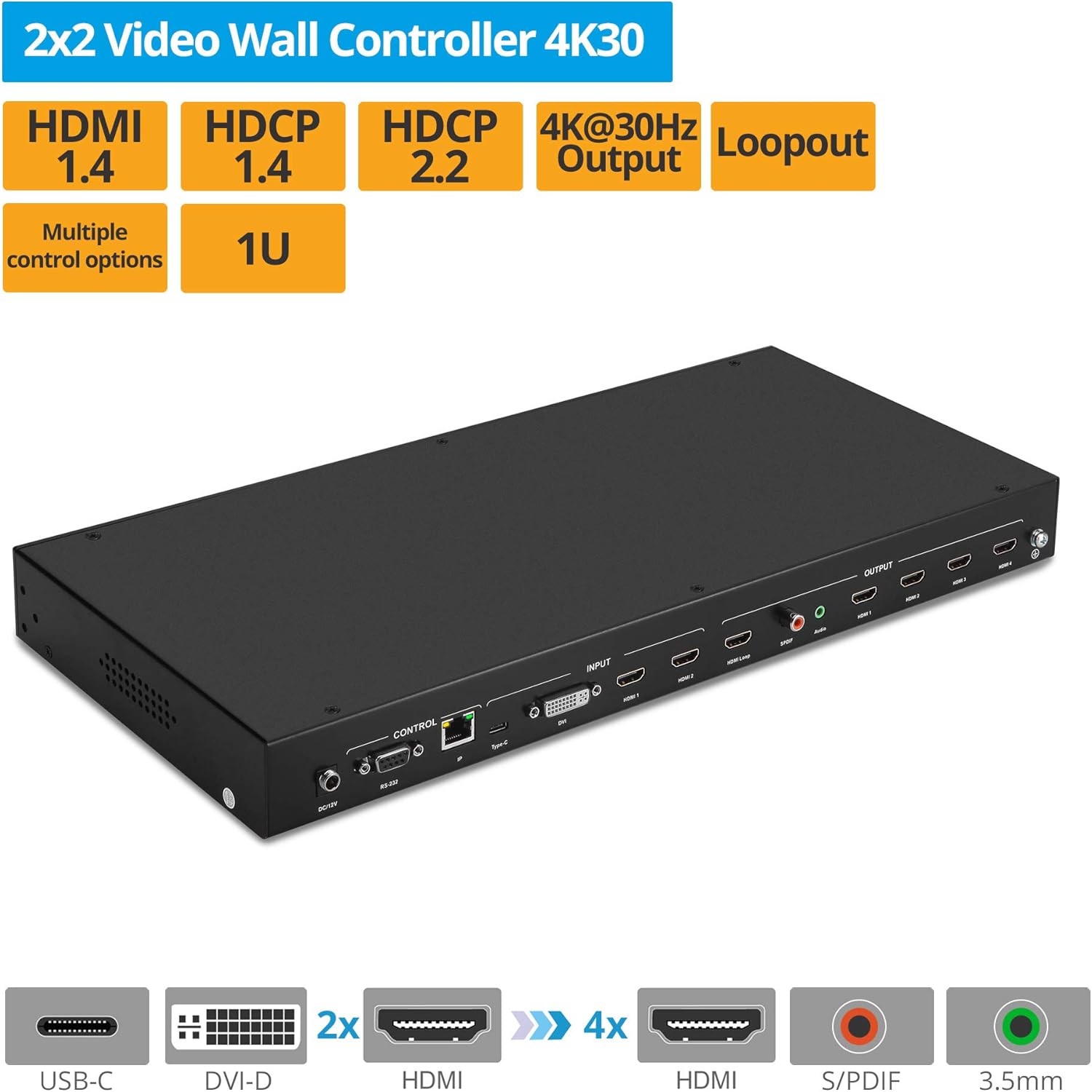 gofanco 2x2 Video Wall Processor Controller – Up to 4K 30Hz, Four Switchable Inputs, 9 Videowall Modes, Cascade up to 10x10, Loopout, 180º Rotation, Edge Correction, 1U, Audio Extractor (Videowall22)