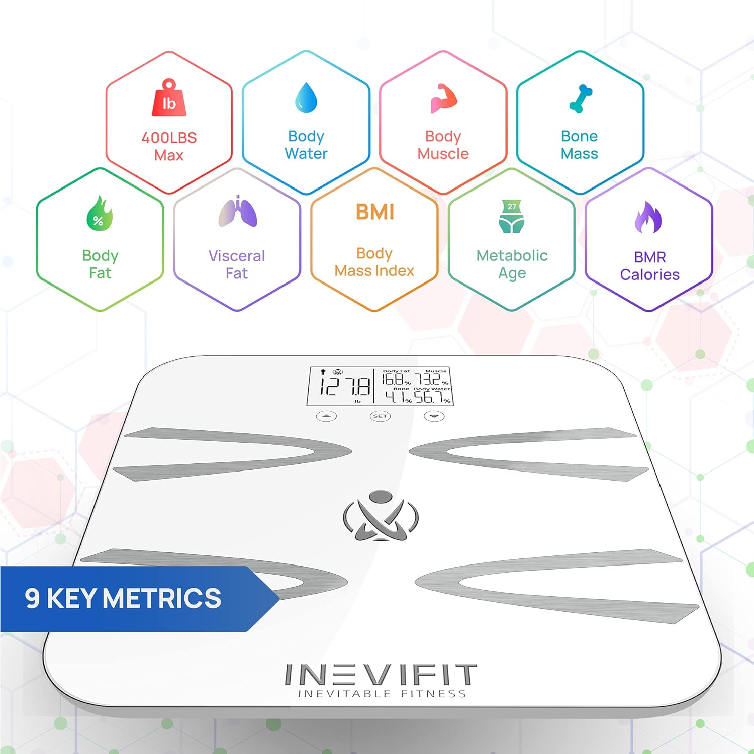 INEVIFIT Body-Analyzer Scale, Highly Accurate Digital Bathroom Body Composition Analyzer, Measures Weight, Body Fat, Water, Muscle, BMI, Visceral Levels & Bone Mass for 10 Users. Includes Batteries Pack of 2