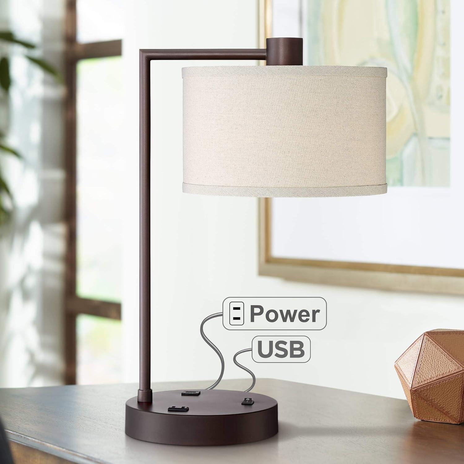Colby Modern Desk Table Lamp with Hotel Style USB and AC Power Outlet in Base Brushed Nickel White Linen Drum Shade for Living Room Bedroom House Bedside Reading Home Office - 360 Lighting