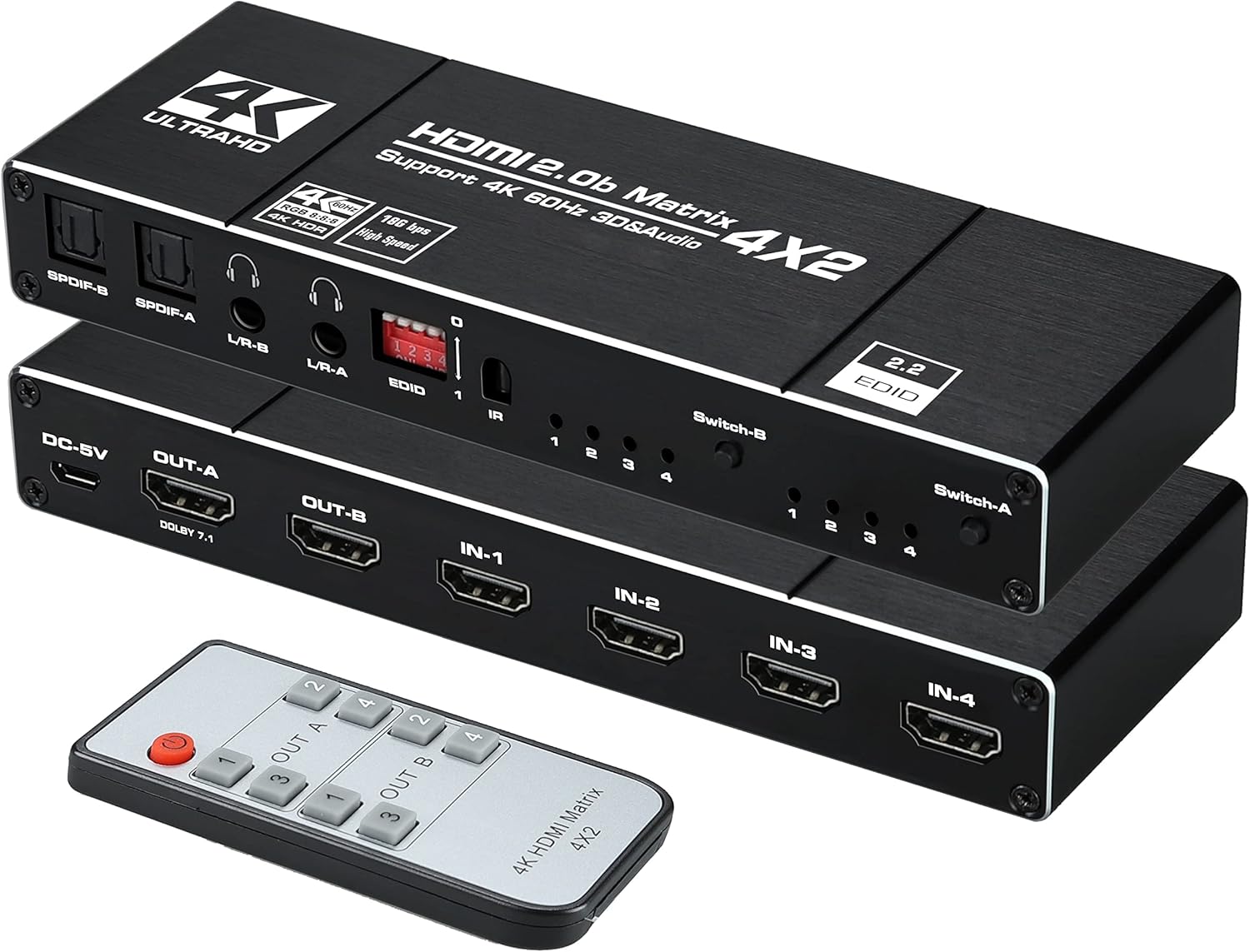 avedio links 4K@60Hz 4x2 HDMI Matrix Switcher, HDMI 2.0b Matrix Switch 4 in 2 Out, 4K HDMI Switcher Splitter + Optical and L/R Audio Output, Scaler EDID with Remote, Support 2K@144HZ, HDCP2.2, HDR 10 Pack of 2