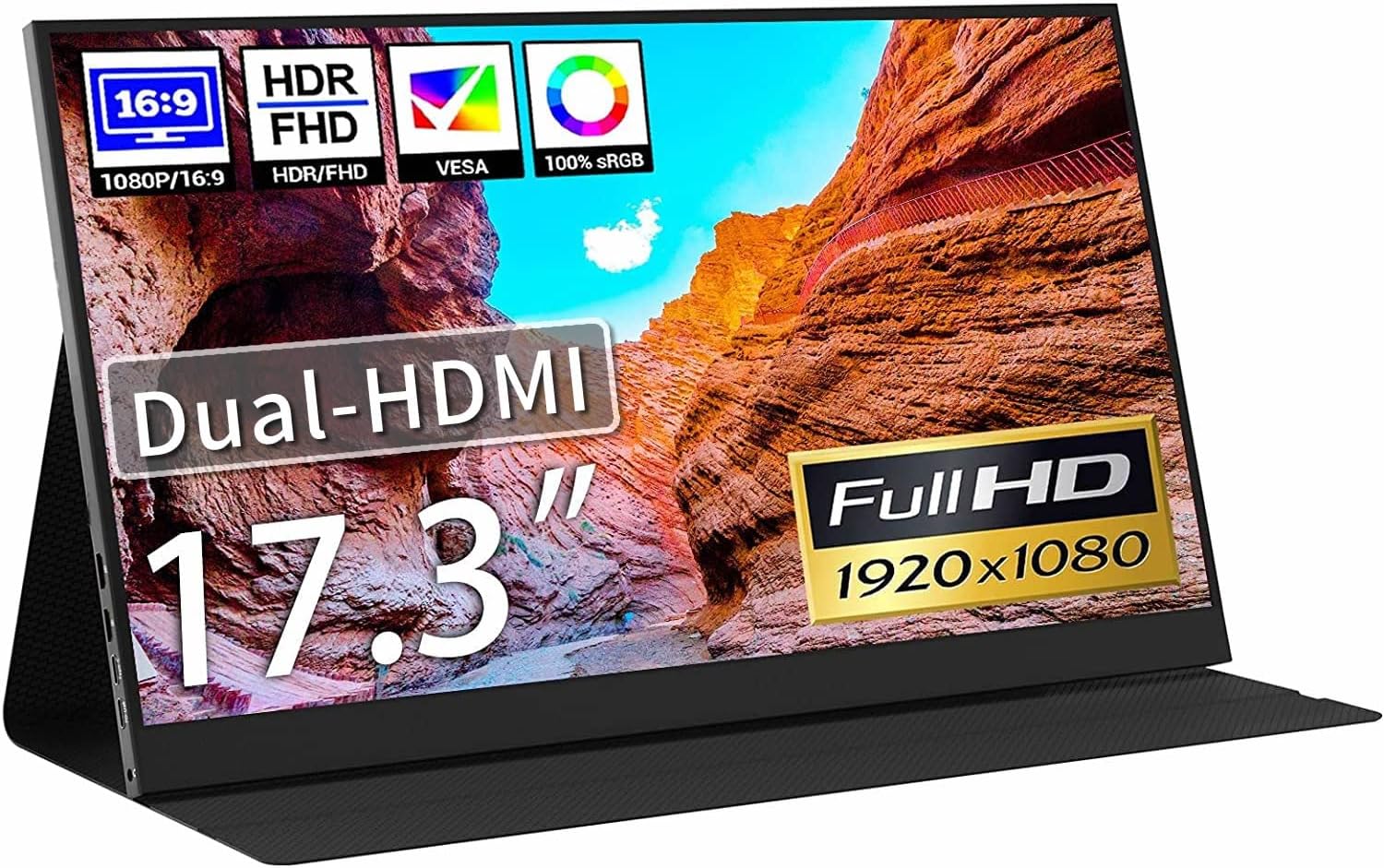 17.3 inch Portable Monitor - Bimawen IPS 100% sRGB 1080P HDR FHD FreeSync,Dual HDMI USB Type-C Monitor,PS4/Switch/PC/Mac/Compatible,1920 x 1080p,Built-in Speaker