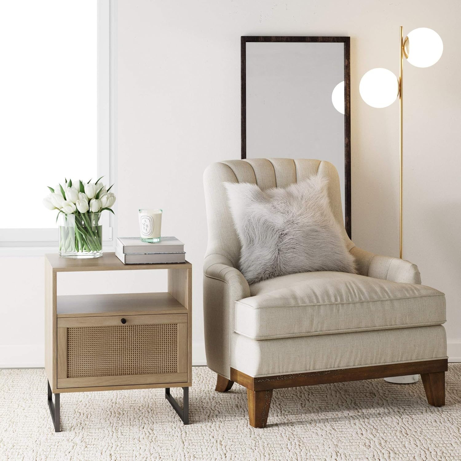 Nathan James Mina Side, End Table Wood Finish & Matte Accents with Storage for Living Room or Nightstand for Bedroom, Natural Oak/Black