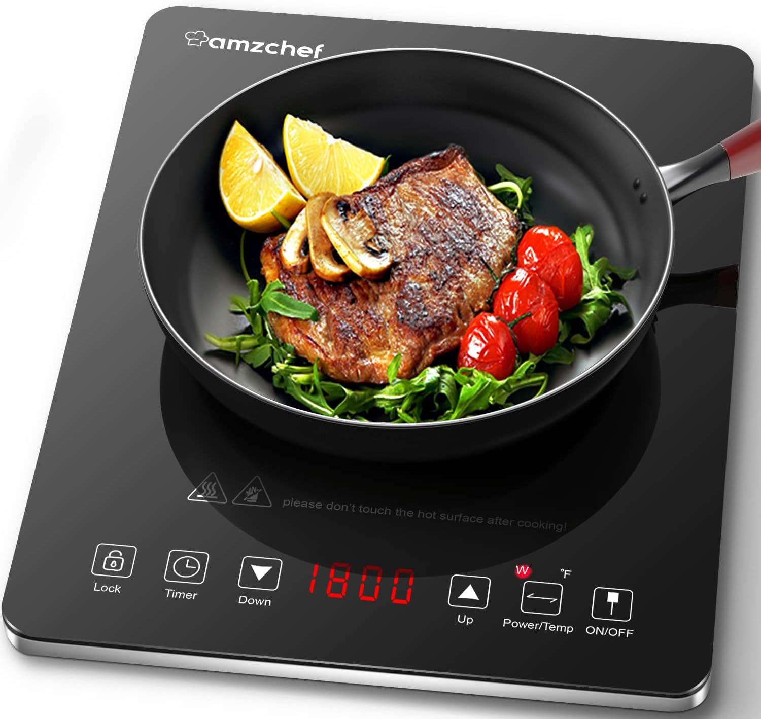 Portable Induction Cooktop AMZCHEF Induction Burner Cooker With Ultra Thin Body, Low Noise Hot Plate With 1800W Sensor Touch Single Electric Cooktops Countertop Stove With 8 Temperature & Power Levels, 3-hour Timer, Safety Lock Pack of 2
