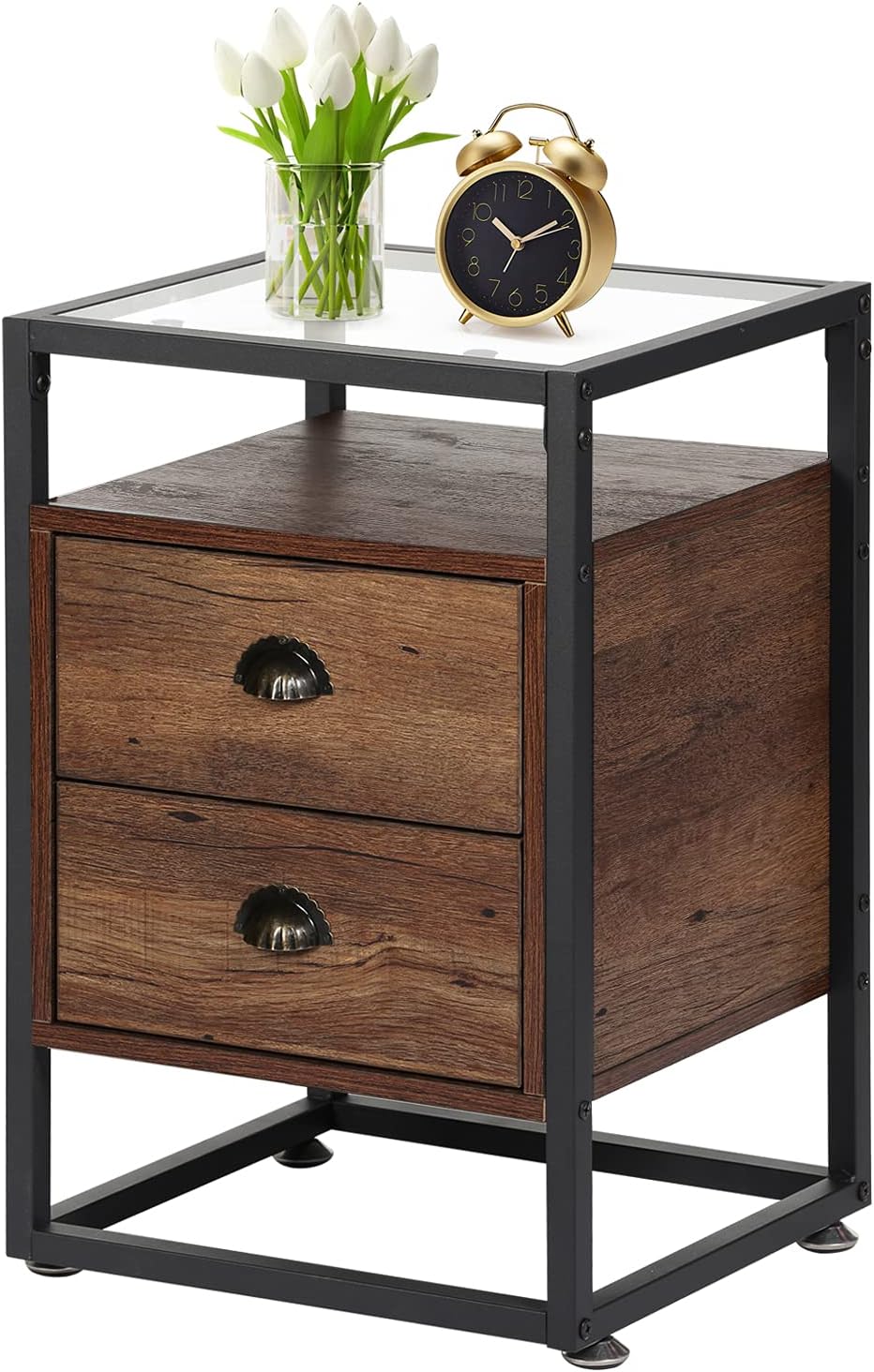 VECELO Nightstand, Tempered Glass End Table, Cabinet with Drawer and Rustic Shelf Decoration in Living Room,Bedroom,Lounge, Brown+Black