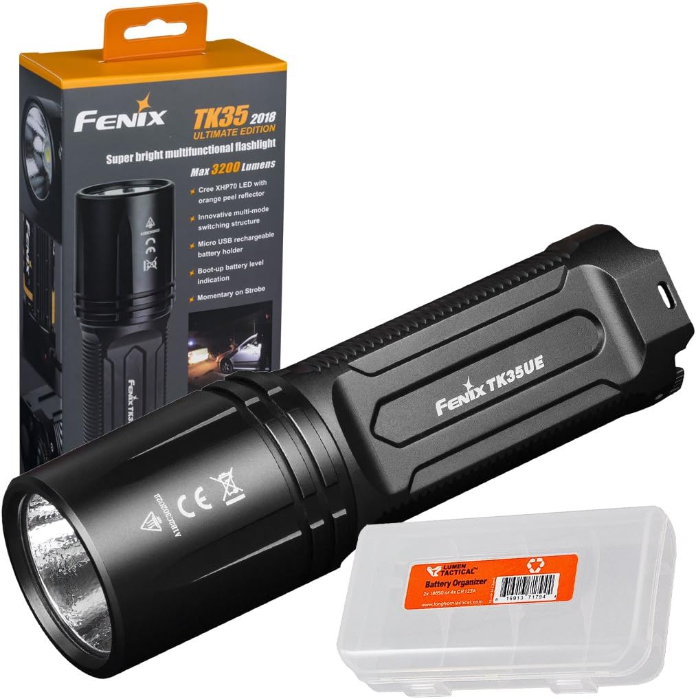 Fenix TK35 2018 3200 Lumen Ultimate Edition (TK35UE) USB Rechargeable Tactical LED Flashlight with Lumen Tactical Battery Organizer
