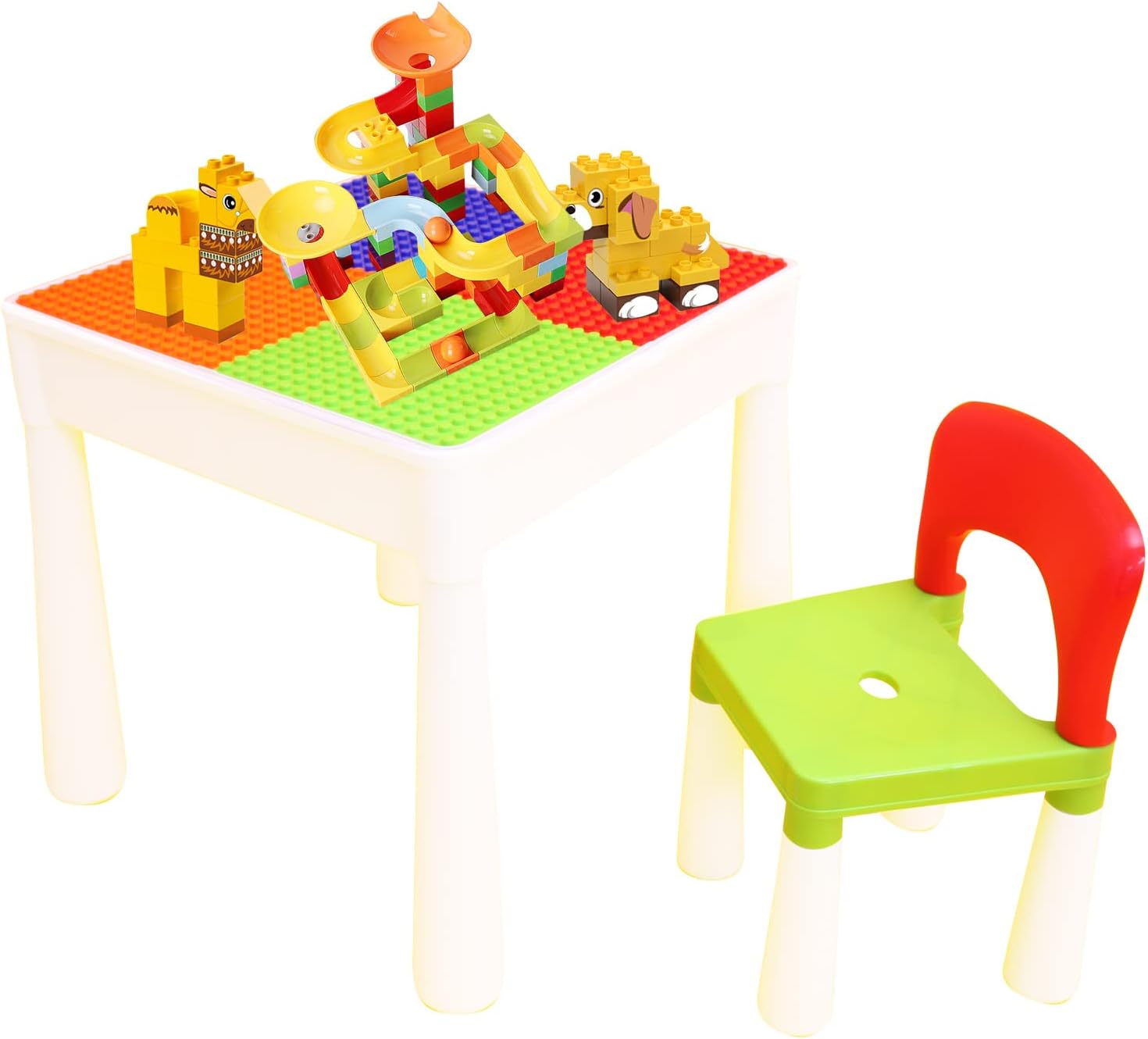 Xuteeya Multi Activity Kids Building Blocks Table Set with 160pcs Big Building Blocks Compatible Play Sand Water Game Table with Storage(red Color) Pack of 2