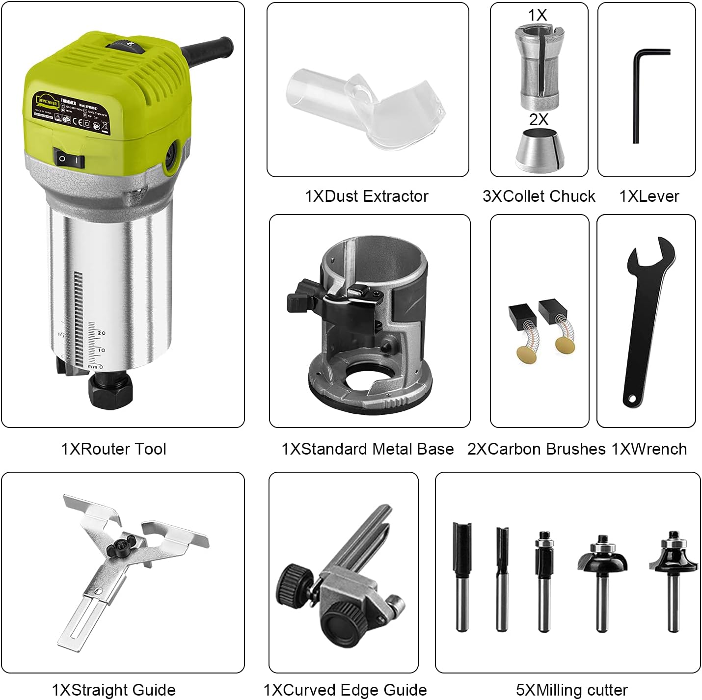 DEWINNER Woodworking Electric Flush Router 710W 13000-33000RPM, 6 Variable Speeds, 3 Clamps 1/4