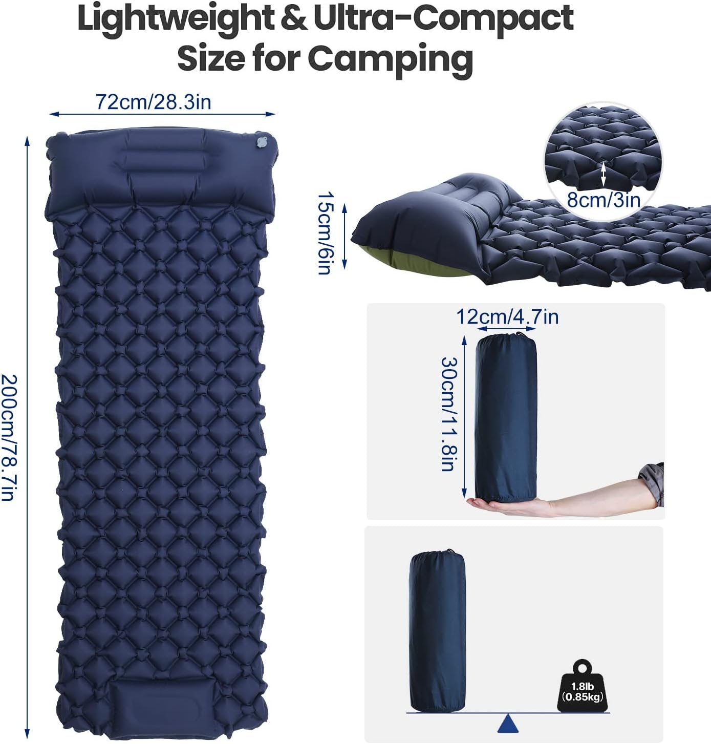 Camping Sleeping Pad with Pillow,Two-color Inflatable Sleeping Mat-Upgrade Length and Width,Build-in Inflatable Pump,Durable Waterproof for Car, Camping,Tent,Backpacking,Hiking with Carrying Bag