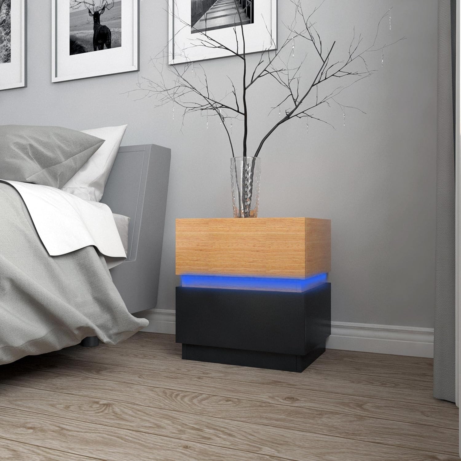 Uniking Nightstand Modern LED Light Bedroom 16-Color RGB LED Nightstand High Gloss with 2 Drawers Small Sofa End Side Table Corner Storage Cabinet for Living Room Bedroom (Brown+Black)