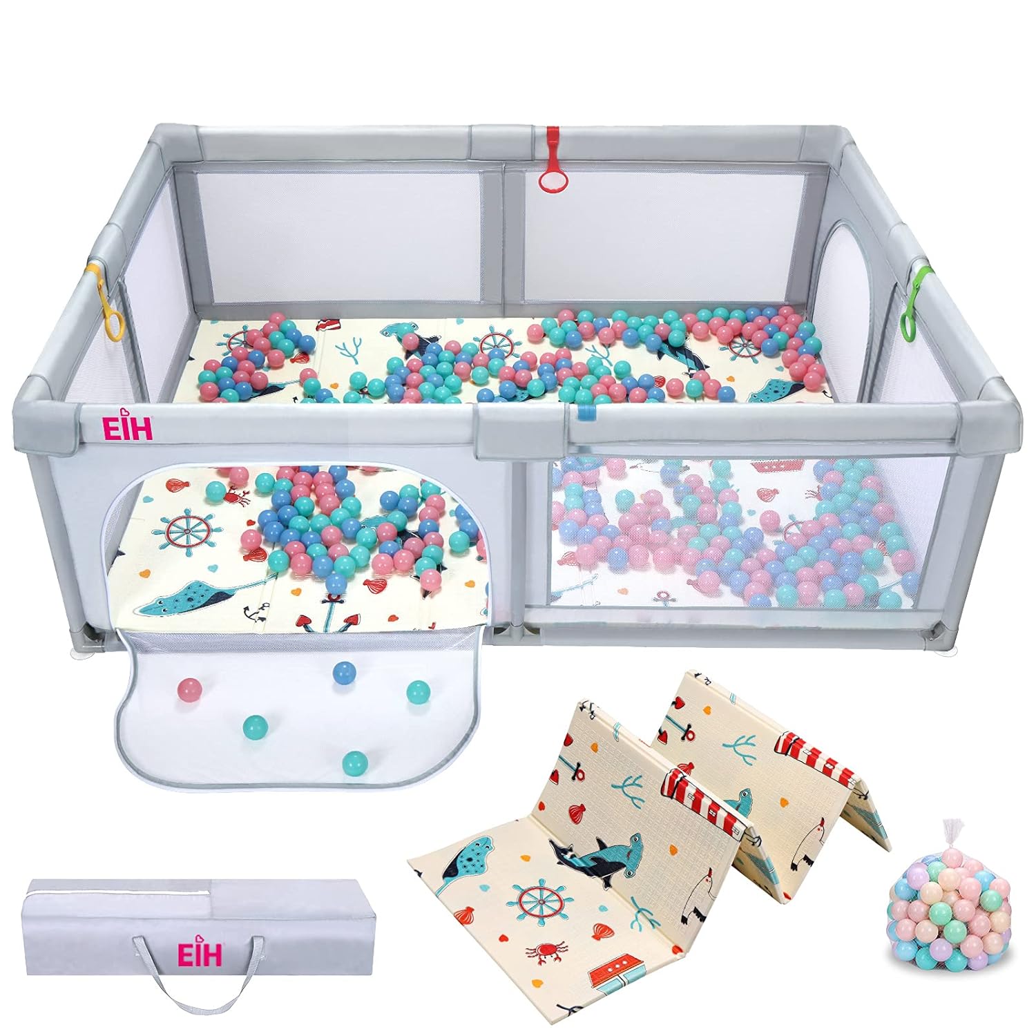 EIH Baby Playpen, Extra Large Playpen for Toddlers with Crawling Mat & 50PCS Ocean Balls, Portable Playpen for Babies, Indoor & Outdoor Kids Activity Play Yard with Gate, 79in x 59in (Dark Grey)
