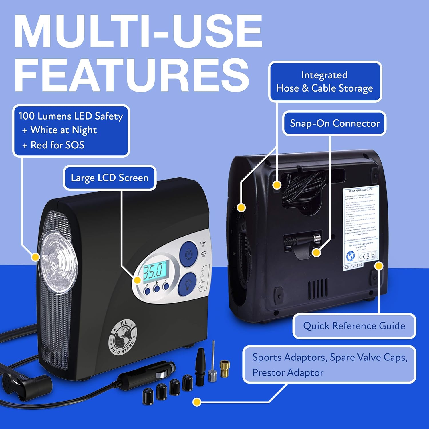 12V Air Compressor, PI Store Tire Inflator, Portable Tire Pump, Digital Air Pump With Pressure Gauge, Auto-Shut Off, LED Light For Car Tires, For Tire, Bicycle, Camping Equipment, and Other Inflatables Pumping Use Pack of 2