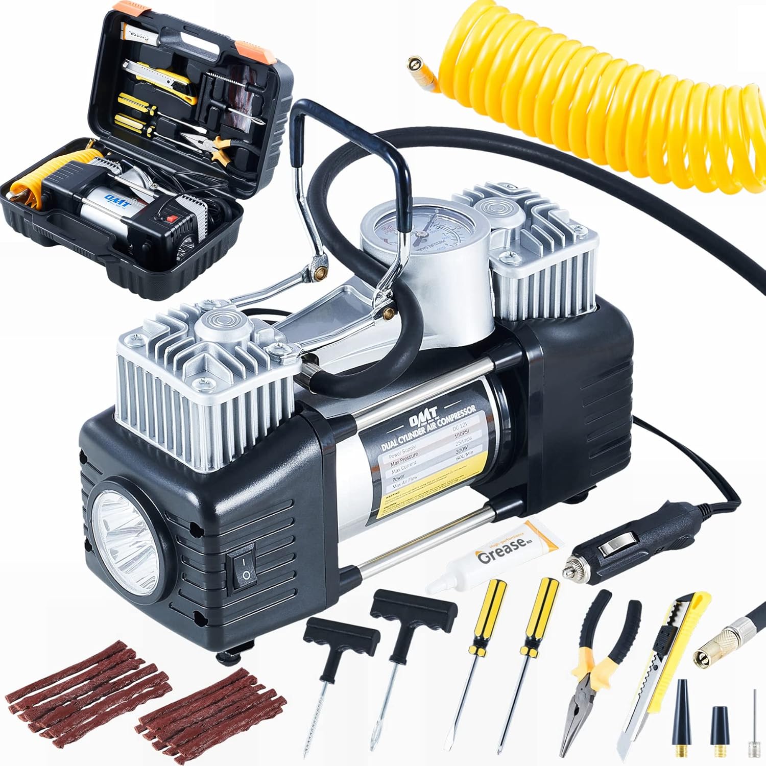 Double Cylinder Tire Inflator and 30pc Tire Repair Kit, Emergency Tire Patch Raft Leak Repair Tool Kit w 12V 150psi Air Compressor Pressure Gauge Heavy Duty Tools for Cars Trucks SUVs RVs Bikes More Pack of 2