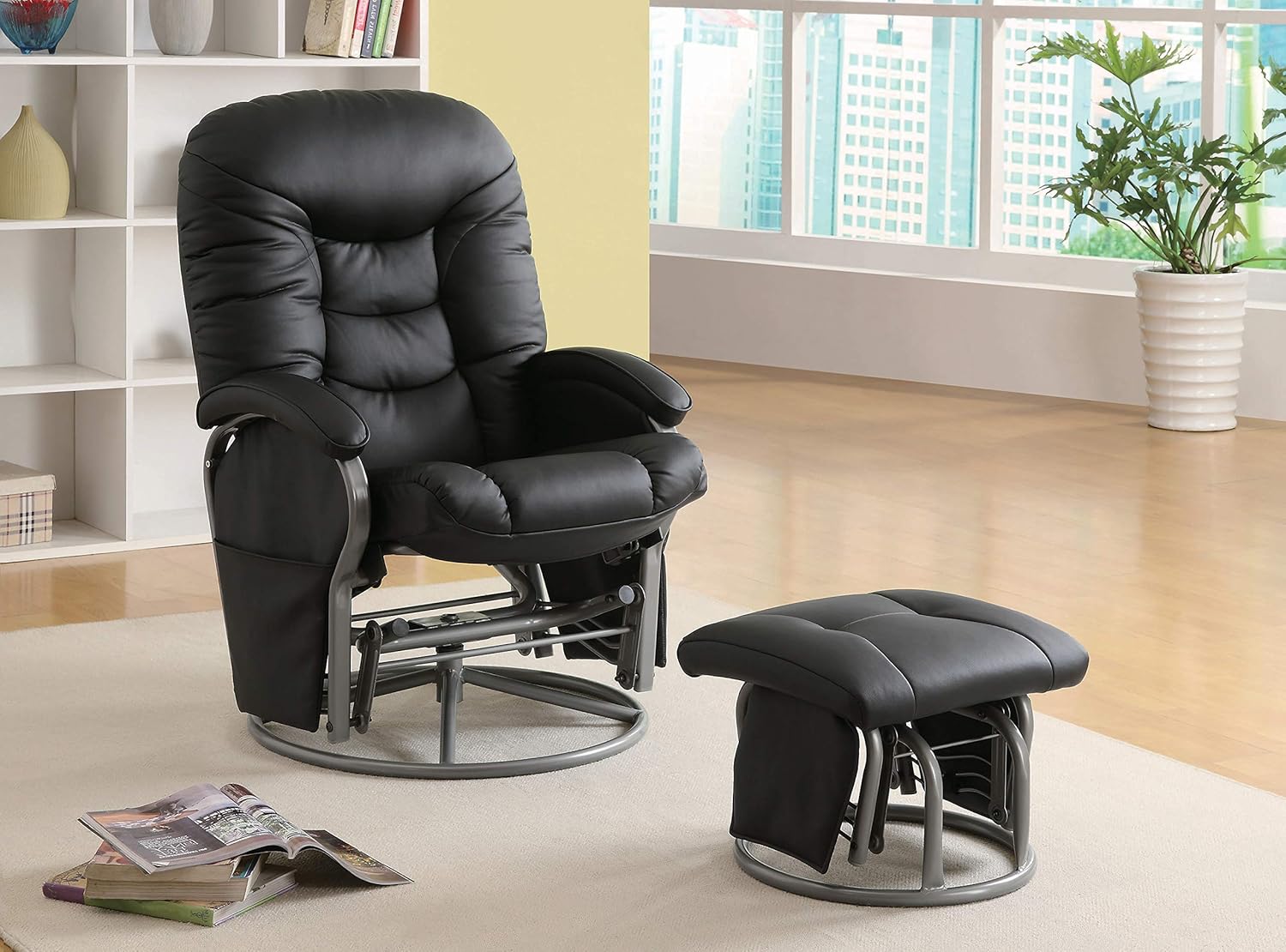COASTER Push-back Glider Ottoman Black and Silver Recliner, 28.50 x 31.00 x 43.00 Inches