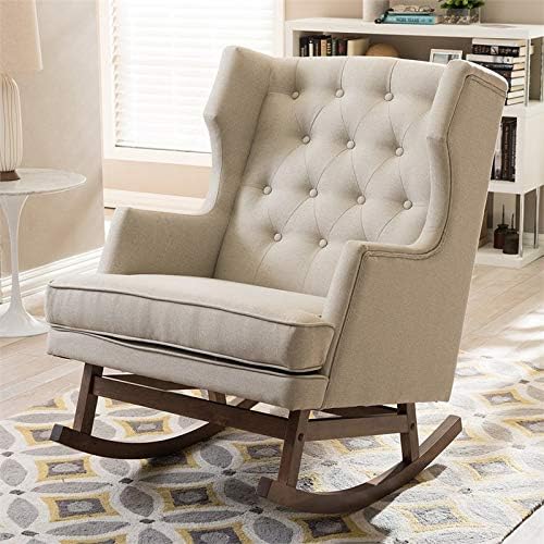 Pemberly Row Tufted Wingback Rocker in Light Beige and Walnut